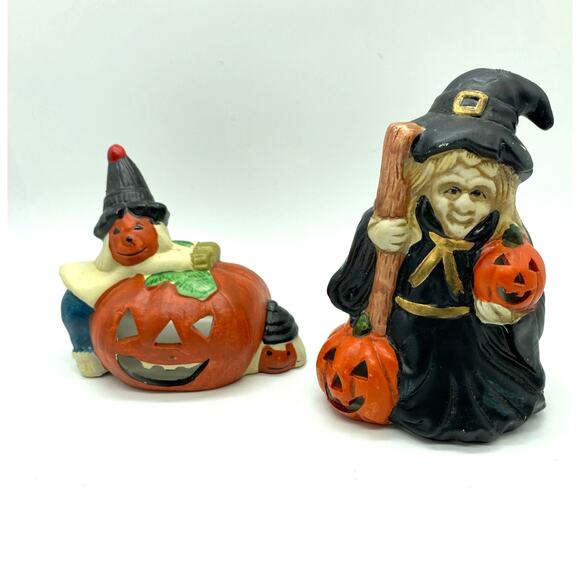 Vintage Halloween Ceramic votive  set of‎ two witch and pumpkin - Picture 1 of 6